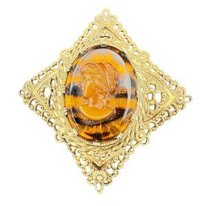 Vintage Gold Filigree Cameo Brooch With Amber Glass Accent & Intricate Detailing